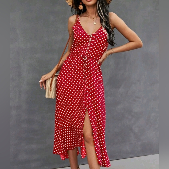 New Chic Flowy Polka Dot Button Front Cami Dress Midi Red White - Picture 5 of 8